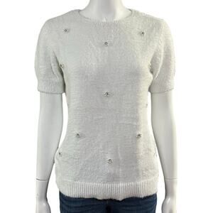 Elle Womens White Fuzzy Short Sleeve Beaded Rhinestone Flower Sweater Size M